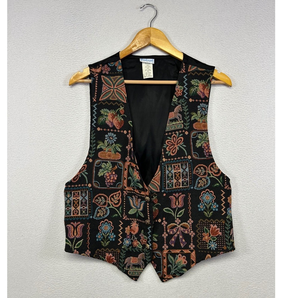 Vintage Cottagecore Backroad Blues Womens Large Black Tapestry Floral Horse Vest